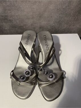 DAMIANI'S Metallic Silver Strappy Beaded Kitten Heel Mules - Made in Italy SZ 9
